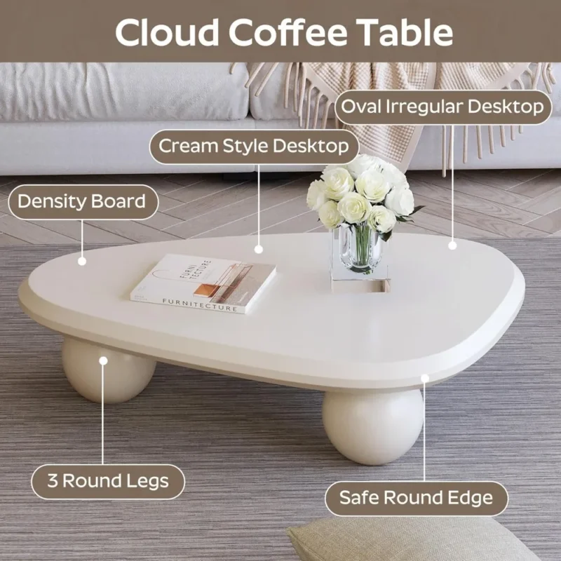 Curved Organic White Coffee Table with Round Legs Mid-Century Modern Design - Image 4