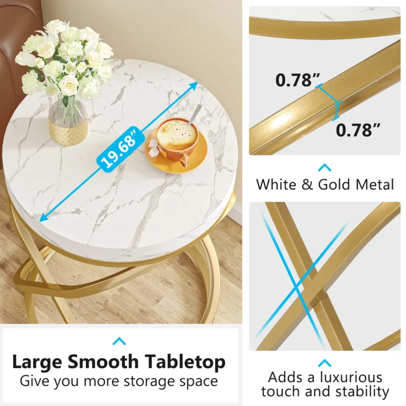 Round Faux Marble Top Side Table with Gold X-Base Modern Accent Table - Image 2