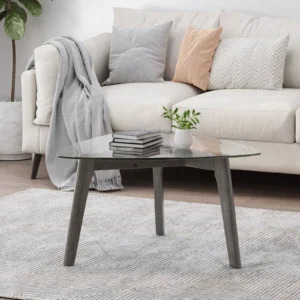Rectangular Glass Top Mid-Century Modern Coffee Table with Wooden Base