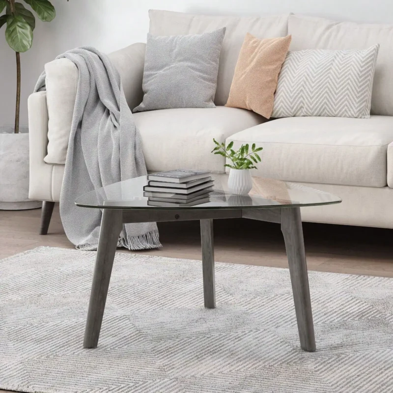 Rectangular Glass Top Mid-Century Modern Coffee Table with Wooden Base