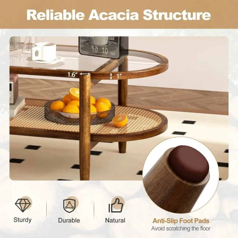 Oval Acacia Wood Mid-Century Modern Coffee Table with Glass Top and Rattan Storage Shelf - Image 3