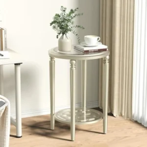 Round Tempered Glass Top Mid-Century Modern Side Table with Wooden Base