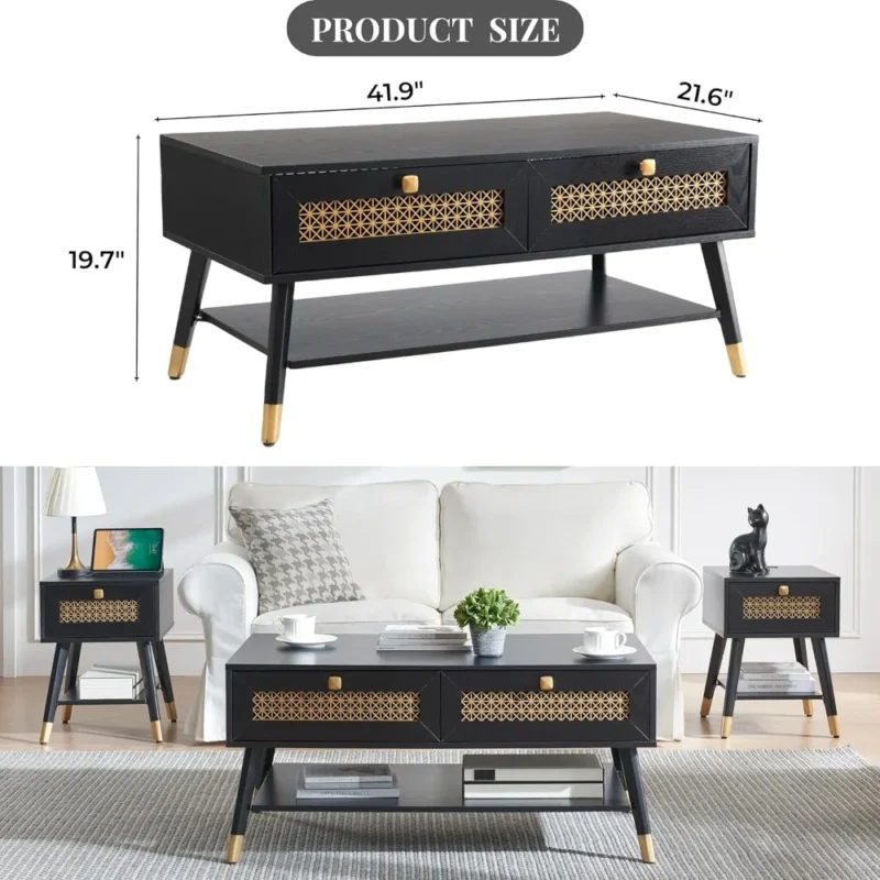Rectangular Black Wood Mid-Century Modern Coffee Table with Storage Drawers - Image 2