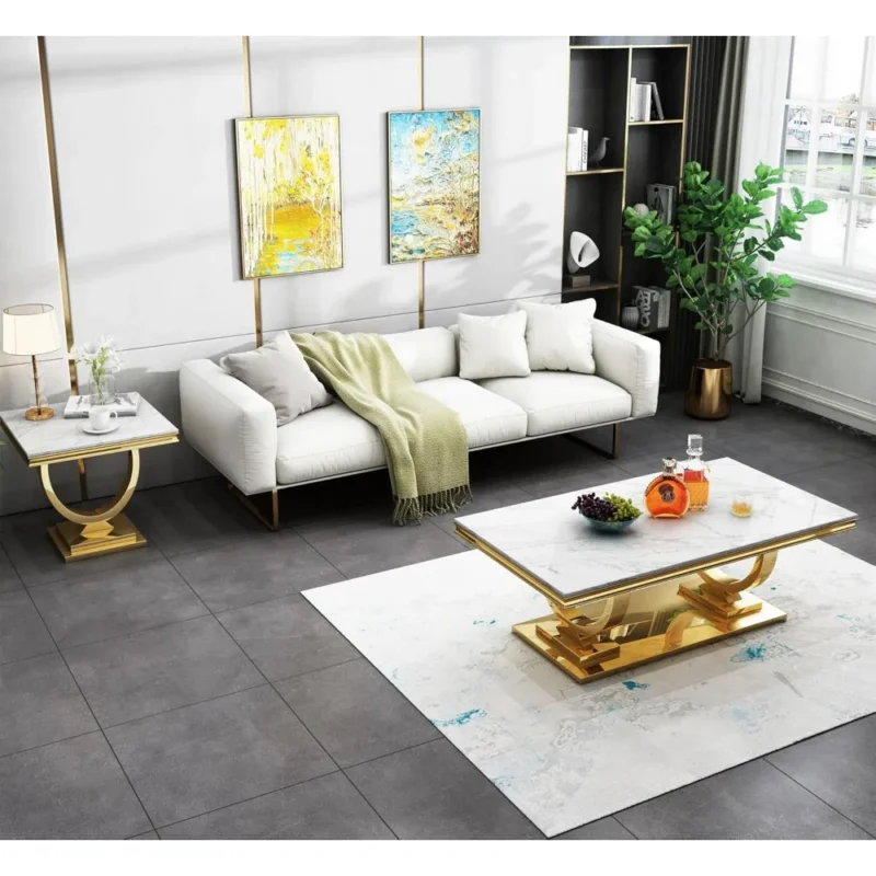 Square White Faux Marble Mid-Century Modern Side Table with Gold Pedestal Base - Image 3