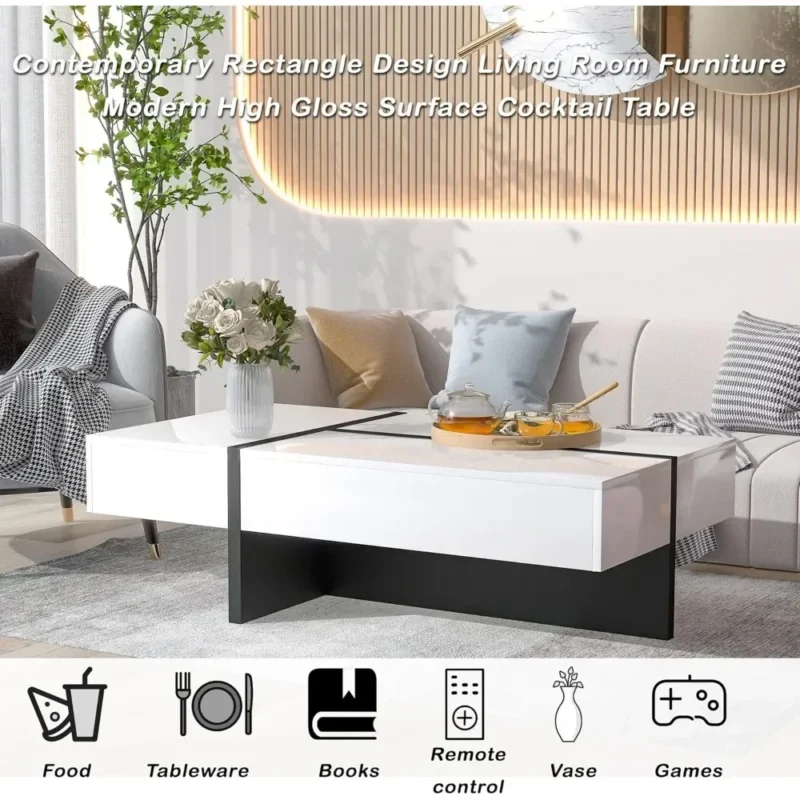 Rectangular Modern Coffee Table with Storage Drawer and T-Shaped Base - Image 6