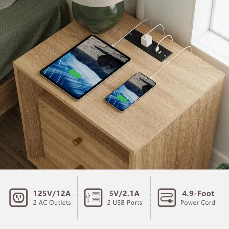 Rectangular Wood Nightstand with Charging Station Mid-Century Modern Bedside Table - Image 3