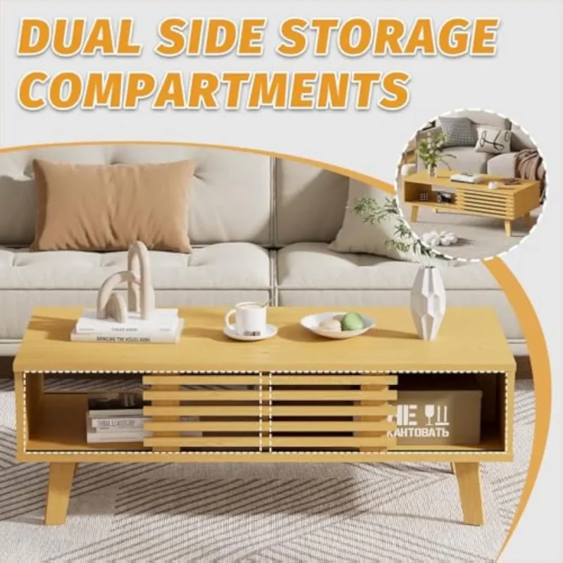 Rectangular Oak Mid-Century Modern Coffee Table with Storage Door - Image 4