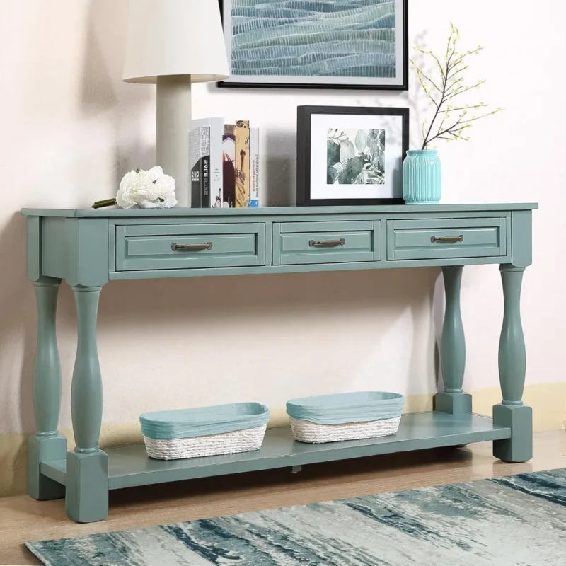 Rectangular Solid Wood Mid-Century Modern Console Table with Storage Drawer and Open Shelf - Image 2