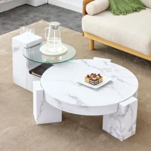 Round Marble Top Mid-Century Modern Coffee Table Set with Glass Side Table
