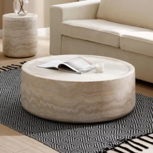 Round Travertine Textured Mid-Century Modern Coffee Table with Fiberglass Center