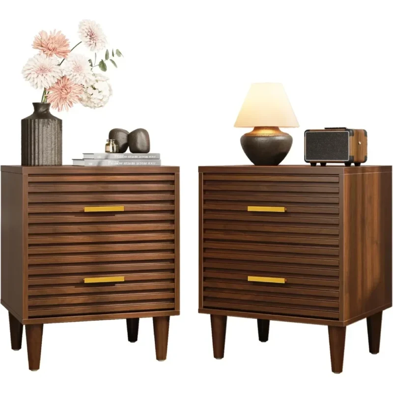 Walnut Wood Mid-Century Modern Nightstands Set of 2 with Storage Drawers - Image 2