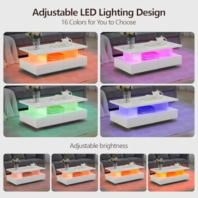 Rectangular LED Modern Coffee Table with High Gloss Finish and Storage Drawers - Image 5