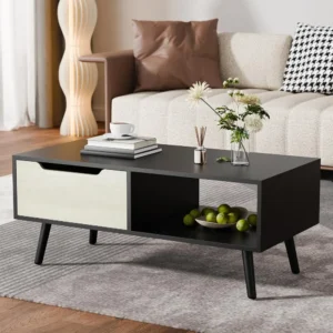 Rectangular Walnut Wood Mid-Century Modern Coffee Table with Storage Shelf