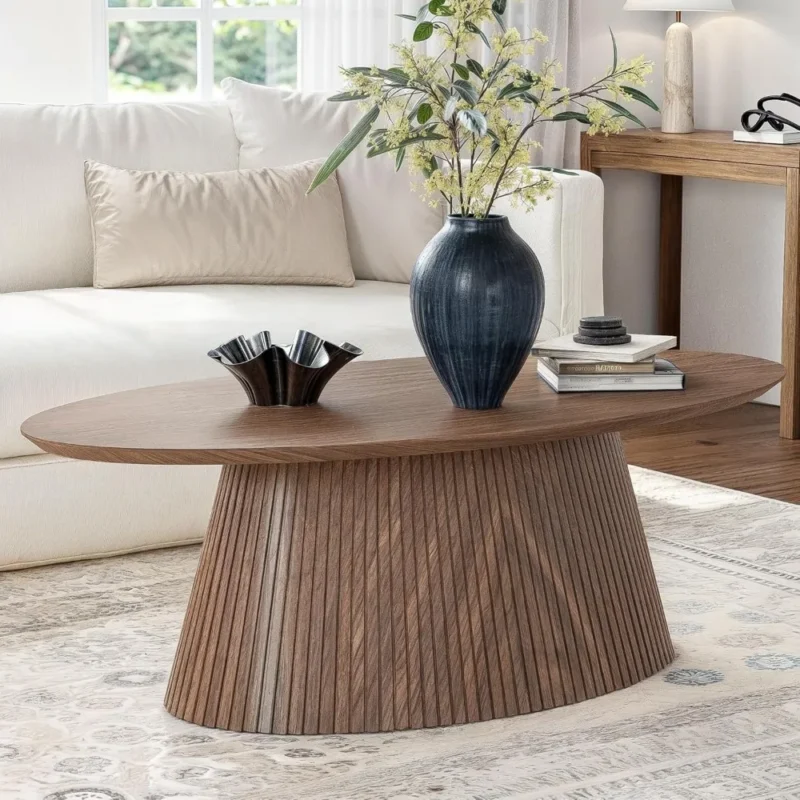 Oval Walnut Fluted Mid-Century Modern Coffee Table with Wood Grain Veneer - Image 5