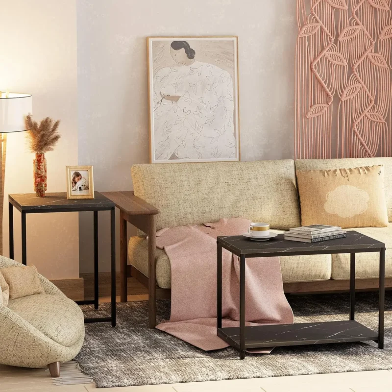 Oval Nesting Marble-Look Coffee Tables Set Mid-Century Modern Storage Tables - Image 6