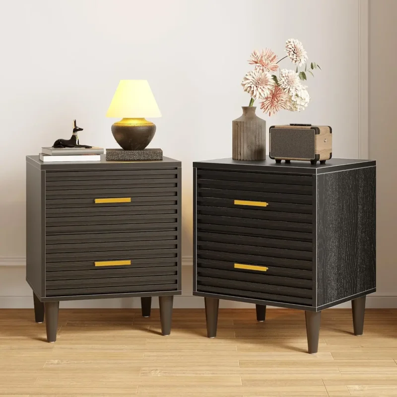 Walnut Wood Mid-Century Modern Nightstands Set of 2 with Storage Drawers - Image 7