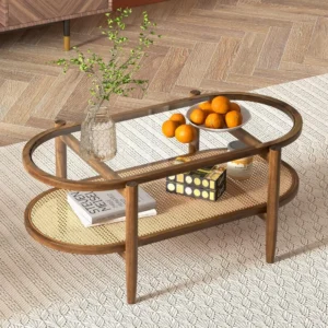 Oval Acacia Wood Mid-Century Modern Coffee Table with Glass Top and Rattan Storage Shelf
