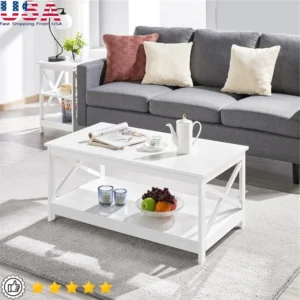 Rectangular Mahogany Mid-Century Modern Coffee Table with X-Frame Storage Shelf