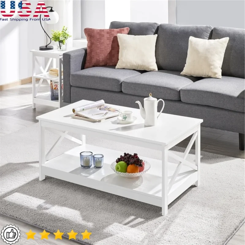 Rectangular Mahogany Mid-Century Modern Coffee Table with X-Frame Storage Shelf
