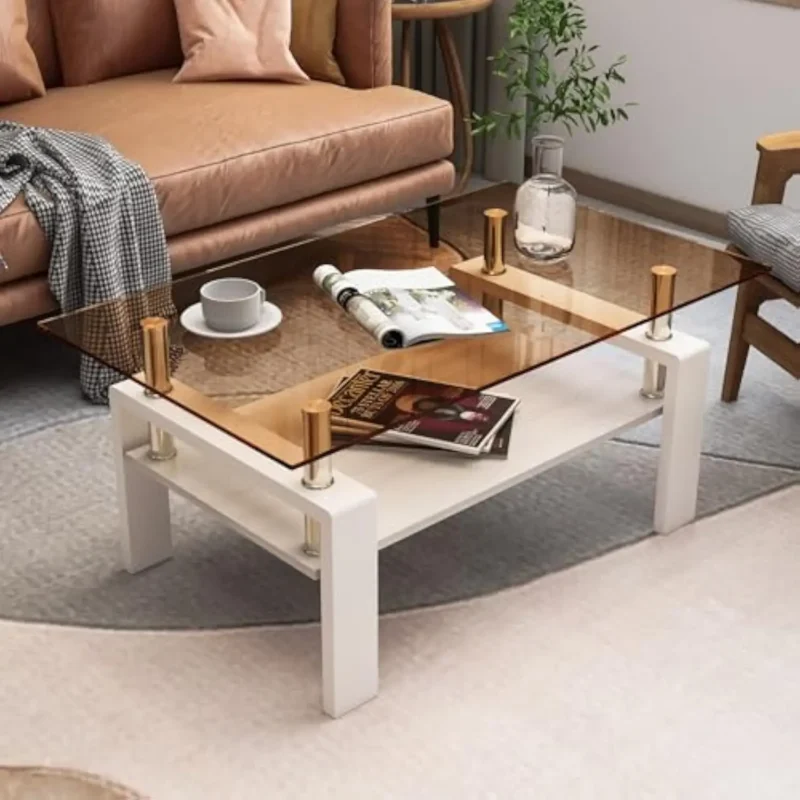 Rectangular Glass Top Mid-Century Modern Coffee Table with Wooden Shelf - Image 5
