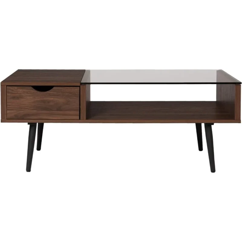 Rectangular Glass Top Mid-Century Modern Coffee Table with Dark Walnut Base - Image 5