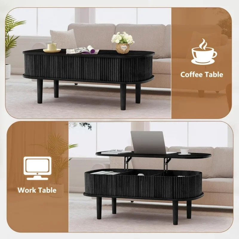 Oval Solid Wood Lift Top Mid-Century Modern Coffee Table with Hidden Storage - Image 4