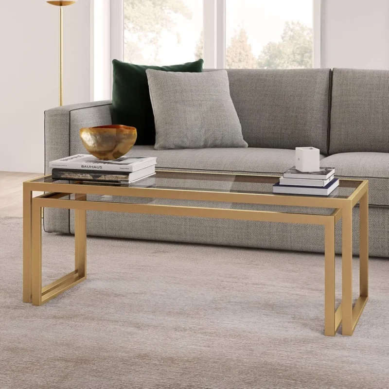 Rectangular Glass Nesting Coffee Table with Brass Metal Frame Mid-Century Modern - Image 2