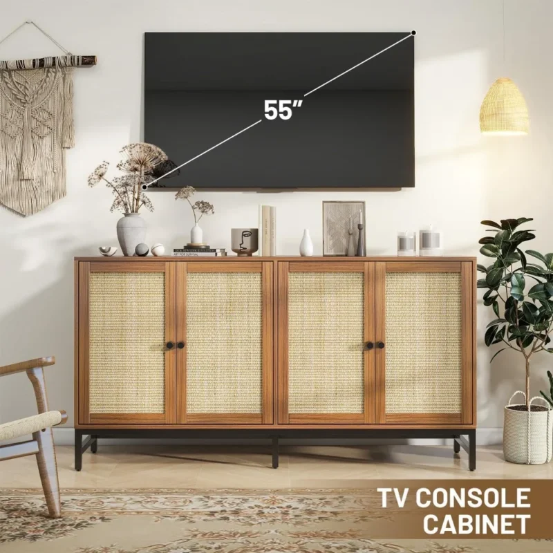 Walnut Rattan Mid-Century Modern Sideboard Cabinet with 4 Doors - Image 6