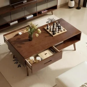 Rectangular Oak Wood Mid-Century Modern Coffee Table with Two Storage Drawers