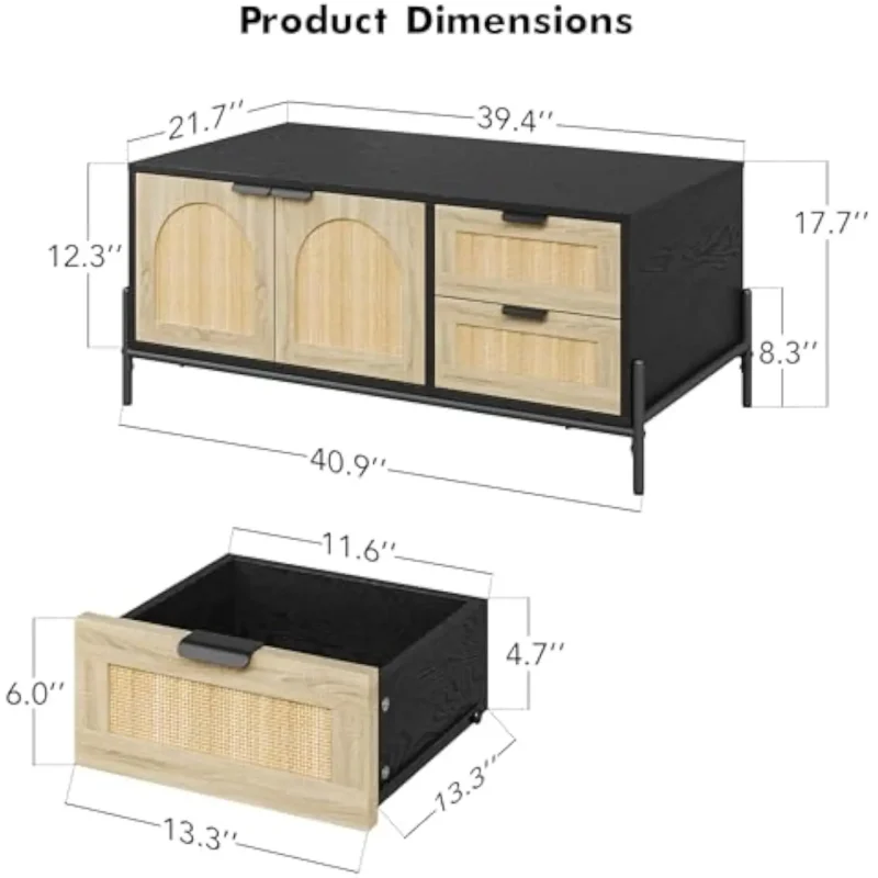 Rectangular Rattan Mid-Century Modern Coffee Table with LED Lights and Storage - Image 2