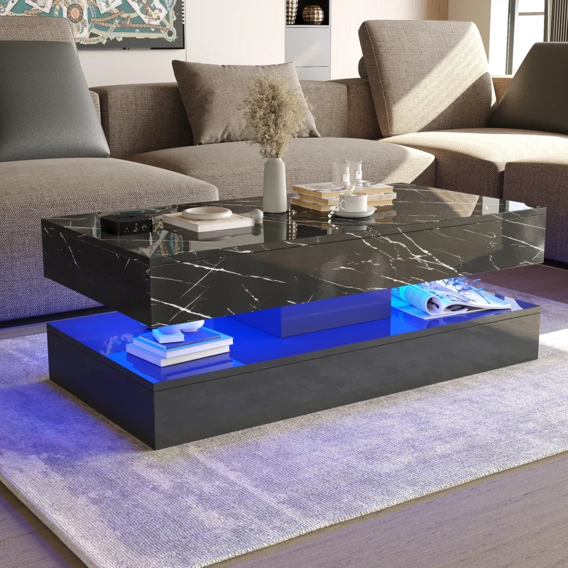 Rectangular LED Coffee Table with Storage Drawers and Double-Layer Design - Image 7