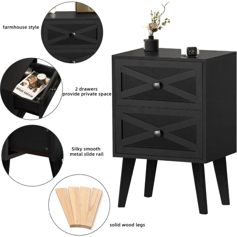Black Two-Drawer Barn Door Mid-Century Modern Nightstand with Storage - Image 4