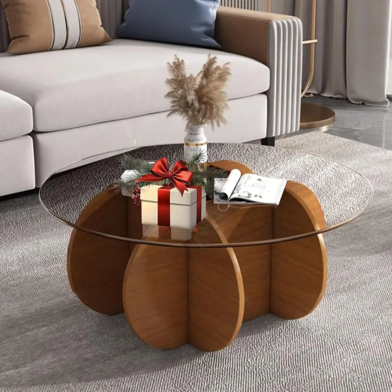 Round Glass Top Mid-Century Modern Coffee Table with Walnut Wood Legs - Image 9