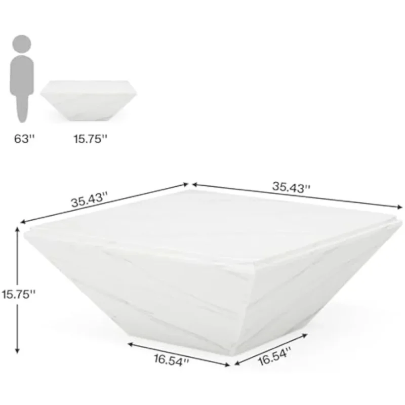 Square Faux Marble Mid-Century Modern Coffee Table with Wooden Base - Image 2
