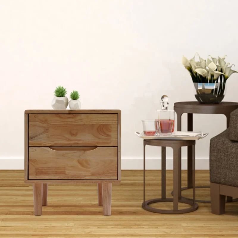 Oak Wood Mid-Century Modern Nightstand with 2 Storage Drawers - Image 4