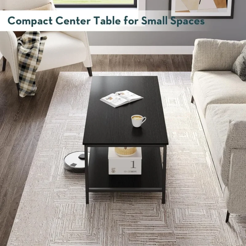Rectangular Wood Industrial Modern Coffee Table with Storage Shelf - Image 6