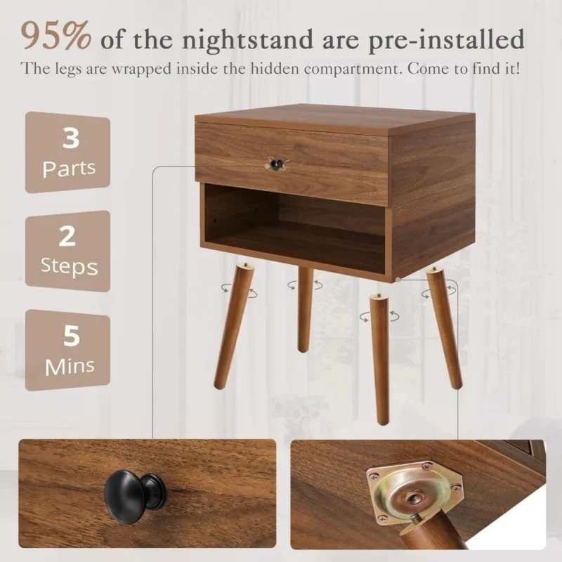 Wooden Mid-Century Modern Nightstand Set with Hidden Storage Compartment - Image 6