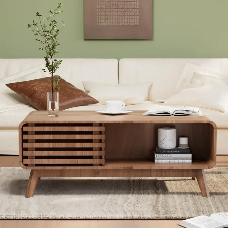 Rectangular Wooden Mid-Century Modern Coffee Table with Storage and Sliding Door - Image 3