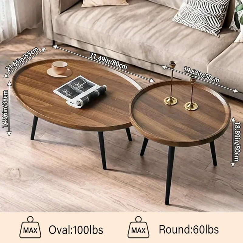 Oval Walnut Wood Mid-Century Modern Coffee Table with Nesting Side Table - Image 3