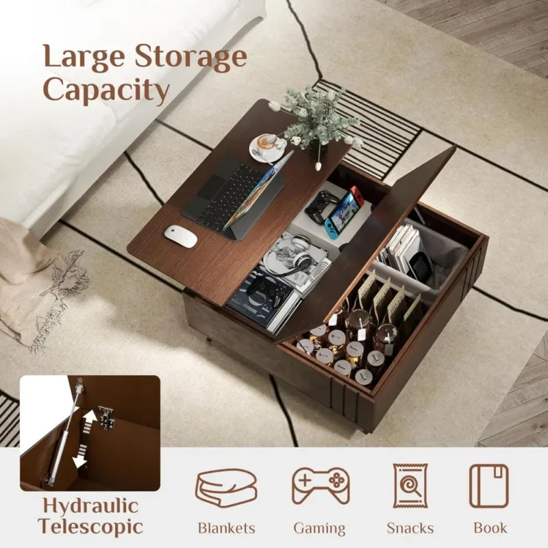 Square Wood Lift-Top Mid-Century Modern Coffee Table with Storage Compartment - Image 4