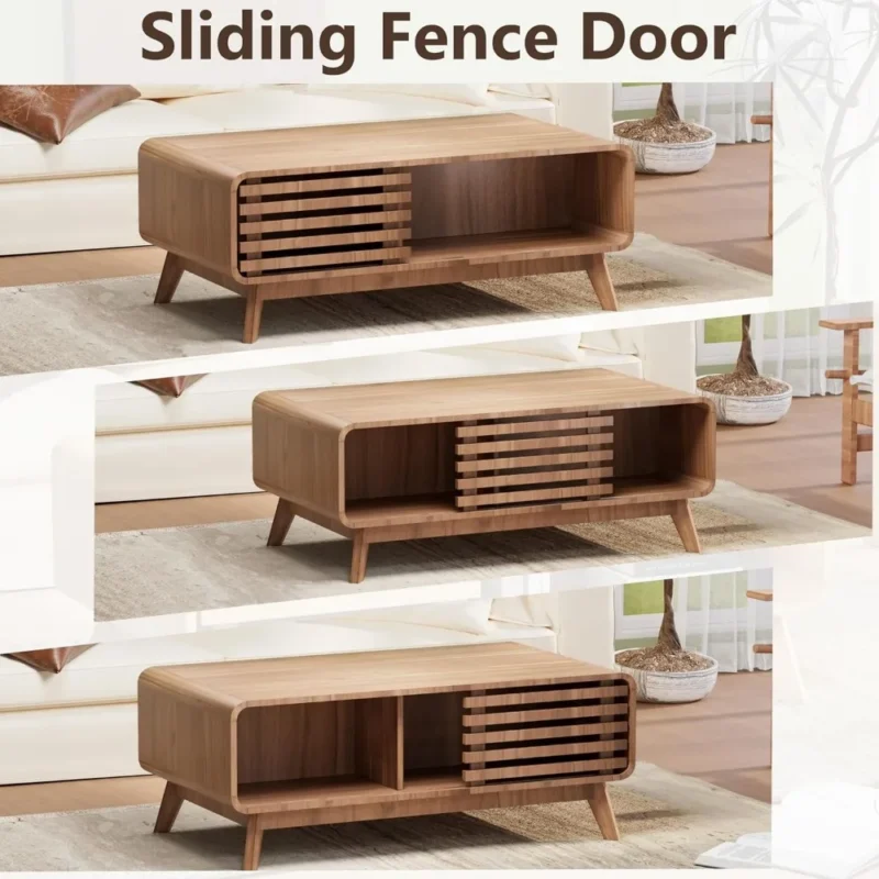 Rectangular Wooden Mid-Century Modern Coffee Table with Storage and Sliding Door - Image 6