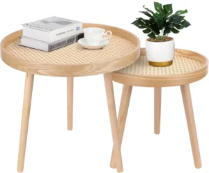 Round Rattan Nesting Coffee Tables Set of 2 Mid-Century Modern Side End Tables