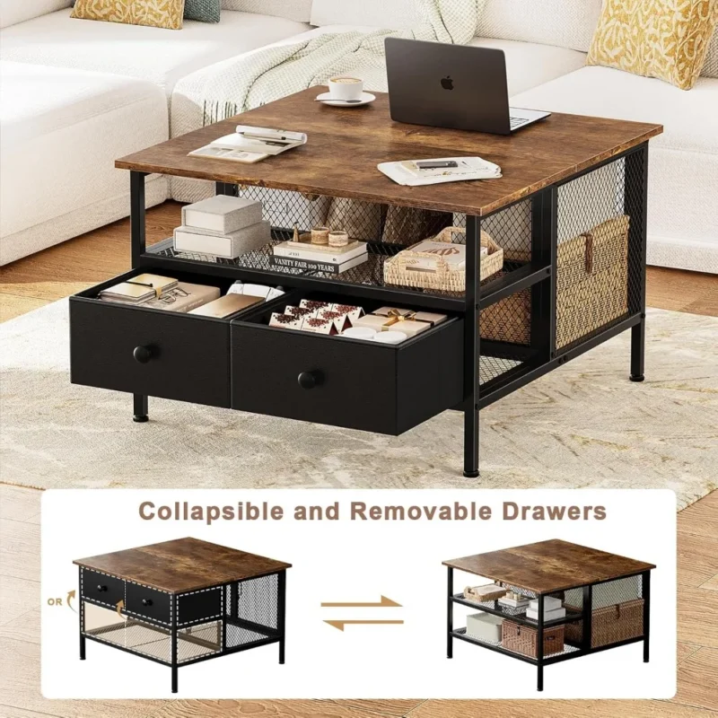 Square Lift-Top Wood Coffee Table with Metal Frame Modern Design - Image 4