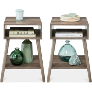 Square Walnut Wood Mid-Century Modern Side Table with Storage Cubby