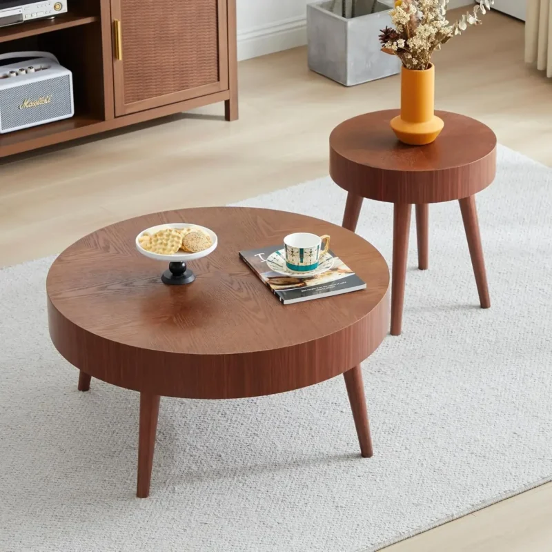 Round Nesting Solid Wood Mid-Century Modern Coffee Table Set of 2 - Image 7