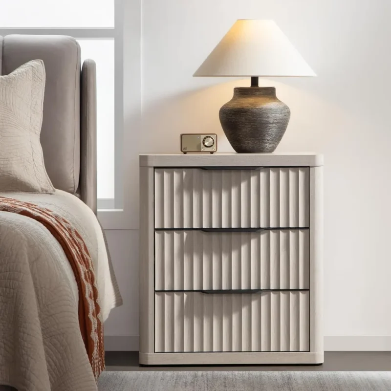 Rectangular Fluted Wood Modern Mid-Century Nightstand with 3 Storage Drawers - Image 3