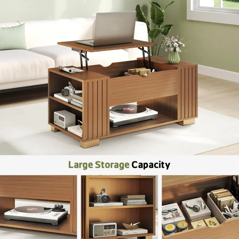 Square Fluted Wood Mid-Century Modern Coffee Table with Lift Top Storage - Image 4