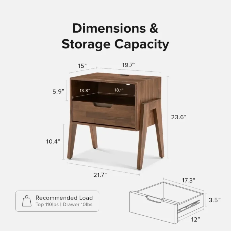 Wooden Mid-Century Modern Nightstand with Drawer and Charging Station - Image 5