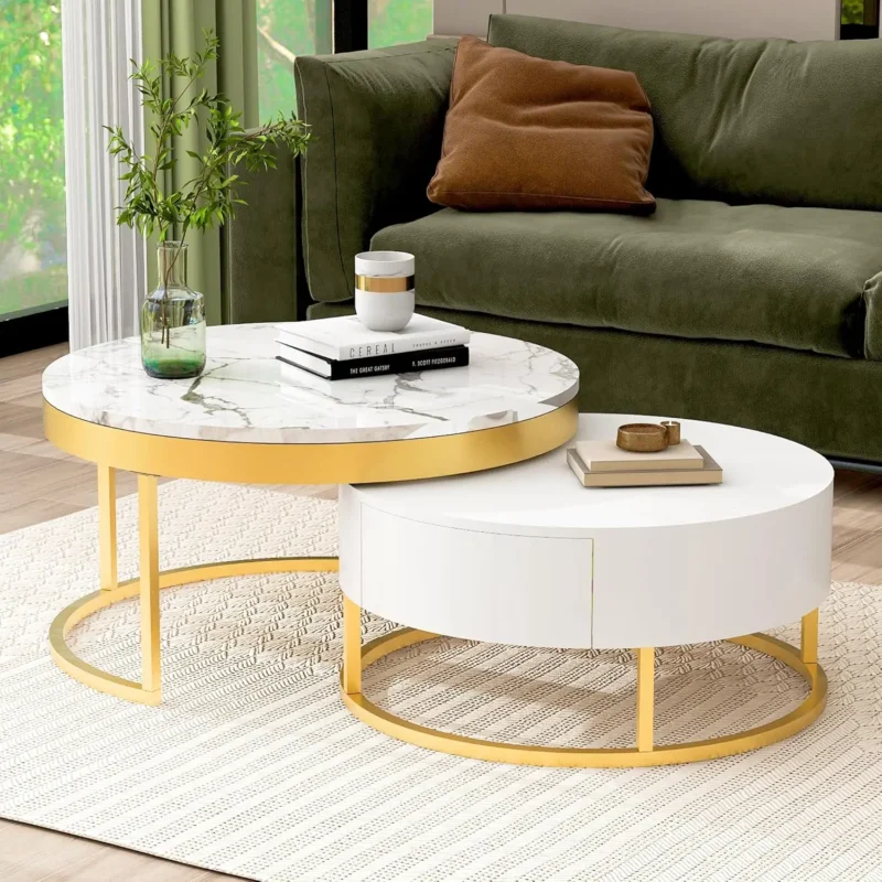 Round White Nesting Coffee Table Set with Storage Drawers Mid-Century Modern - Image 5