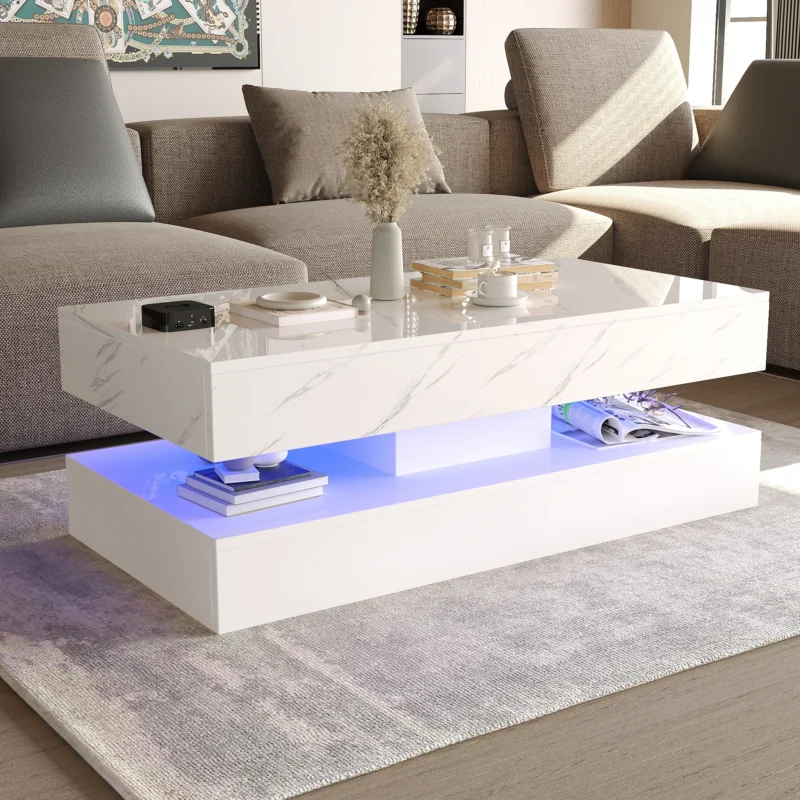 Rectangular LED Coffee Table with Storage Drawers and Double-Layer Design - Image 8